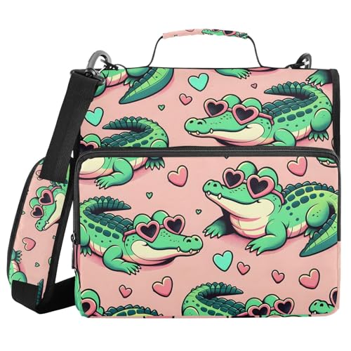 Image of 3 Ring Zipper Binder with Shoulder Strap Alligator Crocodiles Pink 1.5 inch Binders Keeper Large Capacity Multi Pockets for School Office Supplies