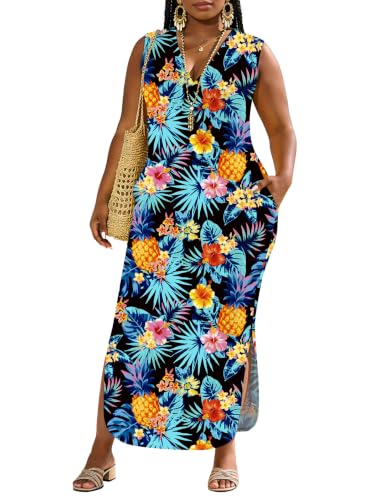 Image of UOUA Women Summer Maxi Dresses Plus Size Casual Hawaiian Sundress Sleeveless Loose Split Beach Dress with Pockets