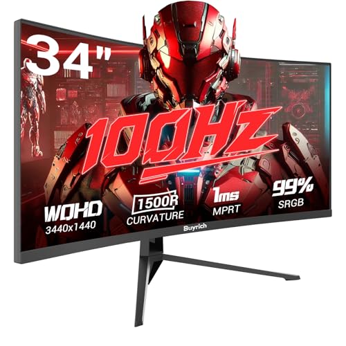 34 Inch Curved Monitor for Productivity, 100Hz, UWQHD (3440x1440), 1500R, 4000:1 Contrast Ratio, Quick-Release Metal Stand, VESA Compatible, for Spreadsheets, Data Analysis, and Multi-Window Work