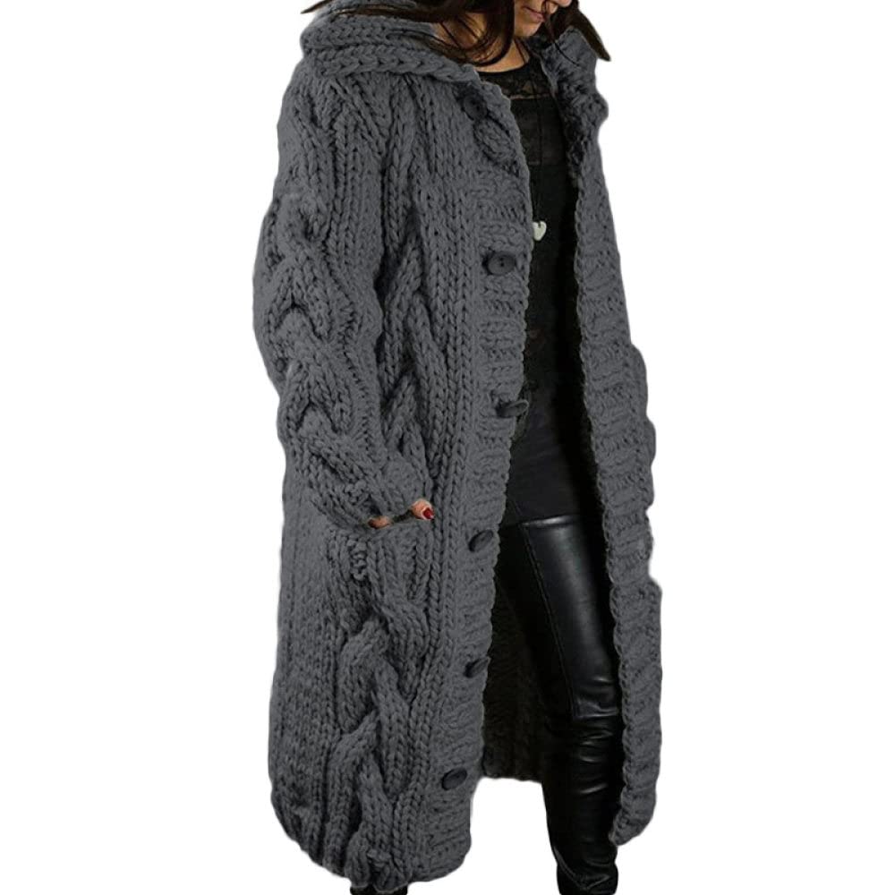 Chaqueta De Punto Mujer,Sudadera Con Capucha Gruesa Para Mujer Cárdigans De Punto Moda De Talla Grande Gris Oscuro Botón De Punto De Cable Manga Larga Suéteres Delanteros Abiertos Cárdigan Longi