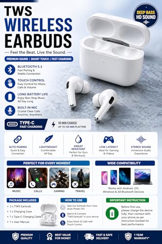 Image of TWS Earbuds with BT 5.3, Touch Control, Deep Bass, Mic, Type-C Charging, White (2)