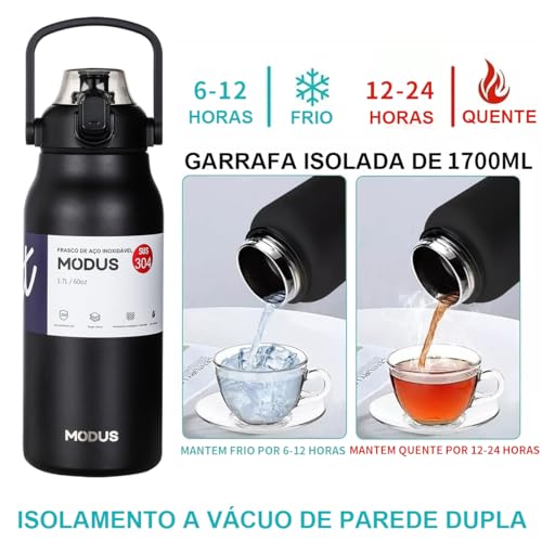 Garrafa Térmica De Grande Capacidade Em Aço Inoxidável 304 Com Canudo 1700ml (Preto)