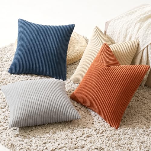 Image of MIULEE Boho Farmhouse Throw Pillow Covers 18x18 Inch Set of 4 Summer Mordern Neutral Cushion Covers Soft Corduroy Nordic Home Decor for Couch Bed Sofa Living Room Blue-Yellow