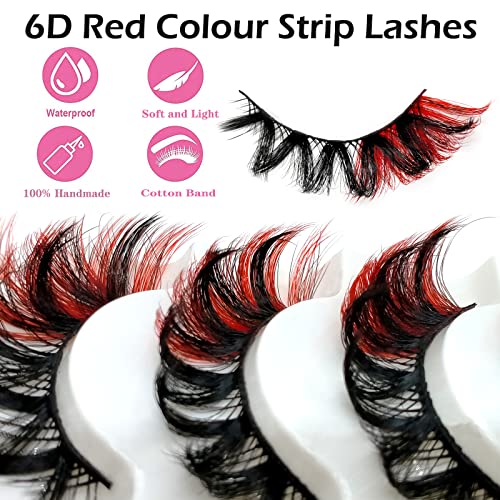 Red Colored Russian Strip Lashes 5 Pairs D Curl Strip Lashes With Color On End 22Mm Fluffy False Eyelashes With Color Wispy Volume Fake Eyelashes Pack, By Kmilro（Red Color） #TOP1
