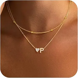 Initial Heart Necklaces for Women - Dainty Cute Necklace Small Layered 14K Gold Plated A-Z Letter CZ Pendant Trendy Satellite Chain Necklaces for Women Non Tarnish Gold Jewelry Set Gift