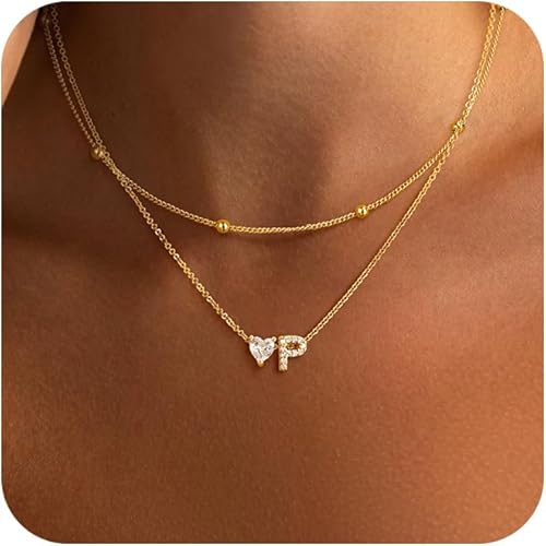 Initial Heart Necklaces for Women - Dainty Cute Necklace Small Layered 14K Gold Plated A-Z Letter CZ Pendant Trendy Satellite Chain Necklaces for Women Non Tarnish Gold Jewelry Set Gift