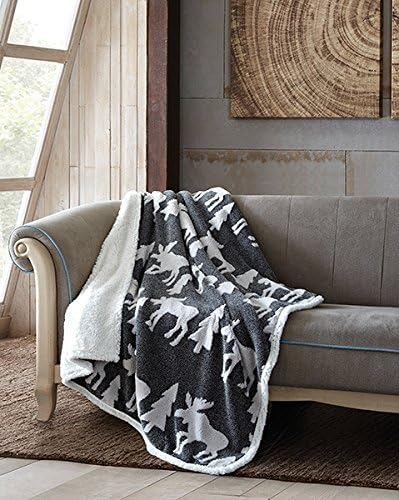 Virah Bella Black Moose by Phyllis Dobbs Jacquard Fleece Sherpa Back Throw Blanket, 50 x 60 Inches