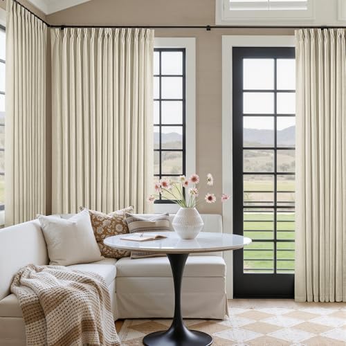 Image of Extra Wide Pinch Pleat 100 x 90 Inch Linen Curtains for Living Room Neutral Beige Light Filtering Semi Sheer Pleated Curtains for Patio Glass Sliding Door Dining Bedroom Large Window 100x90 1 Panel
