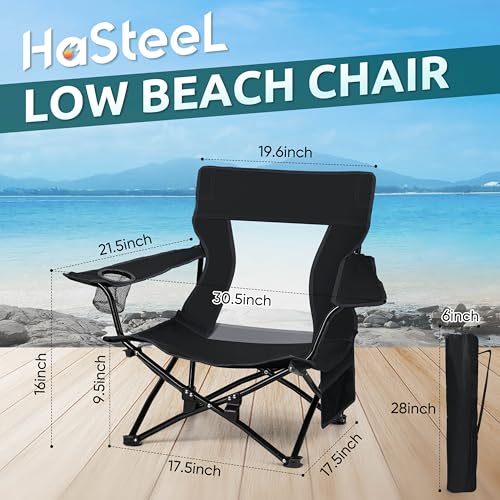 Image of HaSteeL Folding Beach Chair, Foldable Black Camping Chairs for Outside, Low Beach Chair Portable for Adults Fishing, Picnic, Outdoor BBQ, Travel, Sports, Cup Holder & Storage Bag