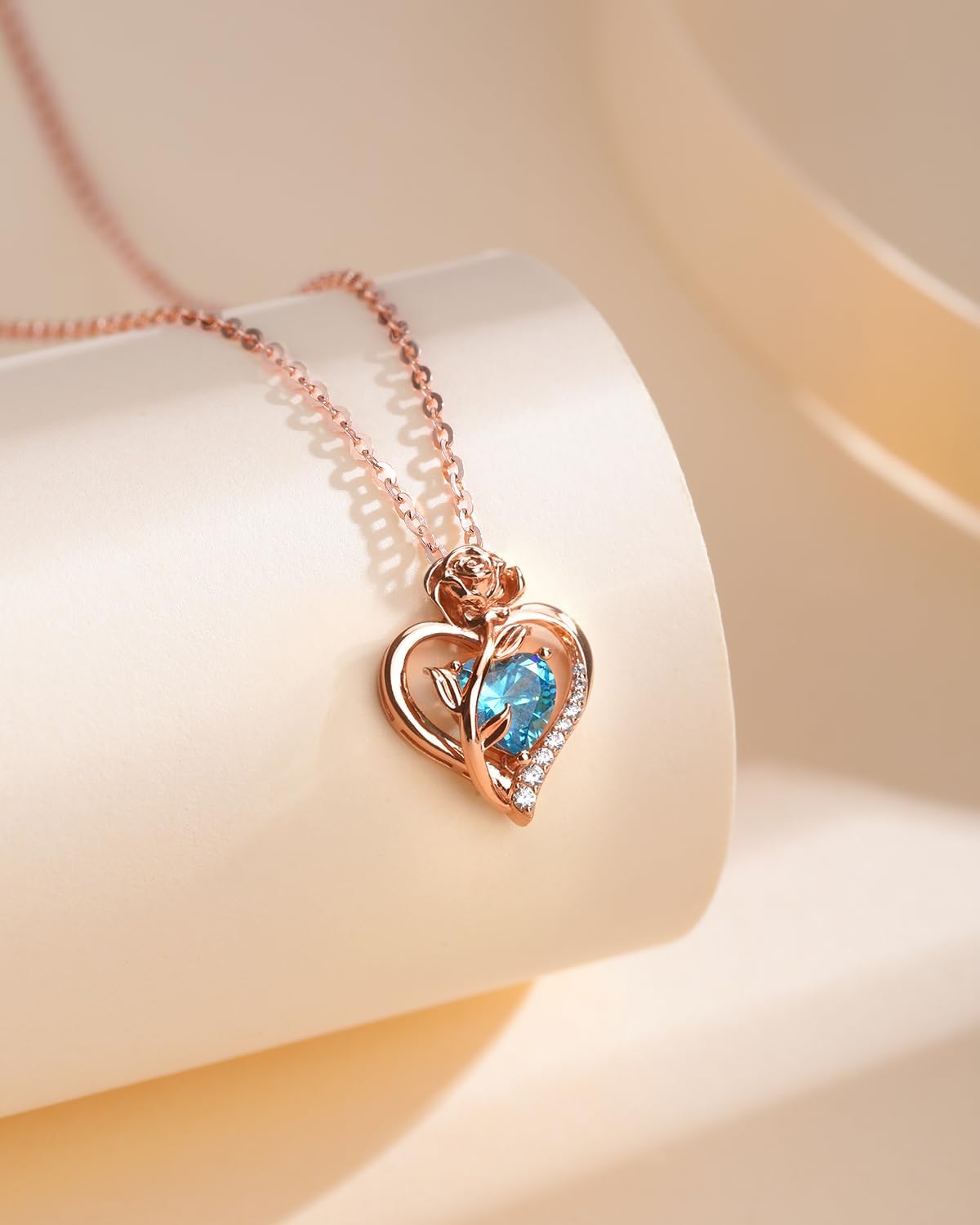 Heart Birthstone Rose Necklace for Women: Genuine 925 Sterling Silver Rose Gold Pendant Dainty Necklace Gold Jewelry Valentines Christmas Anniversary Birthday Gifts for Wife Mom Daughter - Image 3