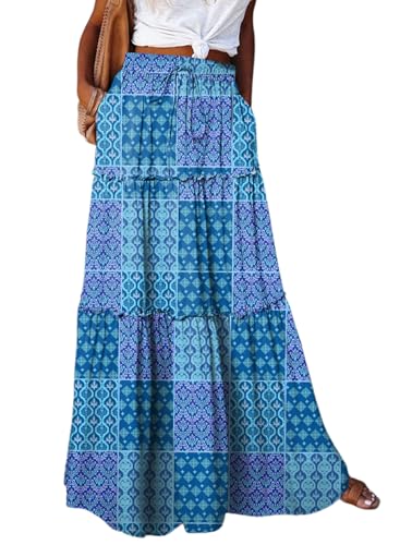 Image of Happy Sailed Womens Floral Print Boho Maxi Skirt Elastic High Waist Pleated Ruffle Flowy Long Skirts S-XL