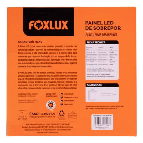 Foxlux Painel LED Quadrado Sobrepor 18W 6500K Biv