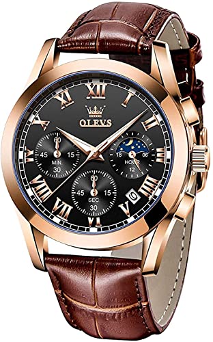 Image of OLEVS Men's Wrist Watch Waterproof Men Analog Quartz Lightweight Brown Leather Strap Father's Day Gift Gentleman Date Day, Brown-black, Classic