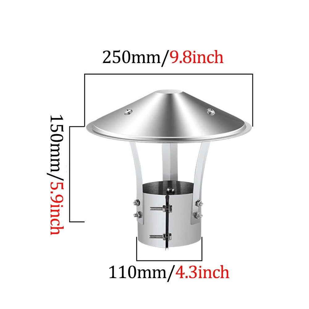 Sombrero Chimenea Redonda de Acero Inoxidable 75mm-315mm Sombrerete Chimenea Caperuza Salida Humos Plata Sombrerete Antilluvia Tapa de Chimeneas para Tubo de Techo(110mm)