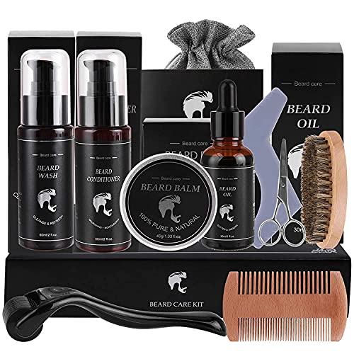 Kit Cuidado Barba Hombre, 10 en 1 Beard Kit con 60ml Champu y Acondicionador para Barba, 30ml Oil Aceite, 40g Balsamo, Cepillo, Peine, Rodillo(Roller), etc para Regalos Hombre