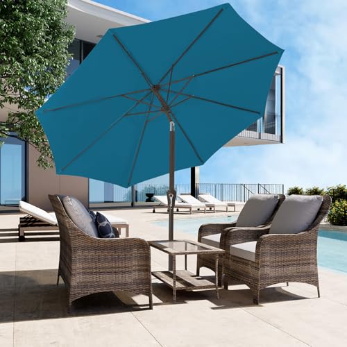 Image of JEAREY 9FT Outdoor Patio Umbrella Outdoor Table Umbrella with Push Button Tilt and Crank, Market Umbrella 8 Sturdy Ribs UV Protection Waterproof for Garden, Deck, Backyard, Pool (Lake Blue)