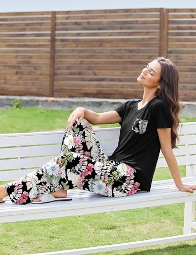 Image of Ekouaer Pajama Sets for Women 2 Piece Short Sleeve Pj V Neck Chest Pocket | Ladies Pajama Sets with Printed Long Pants, Soft Matching Pj Sleepwear, Casual Loose Fall Loungewear, S-XXL