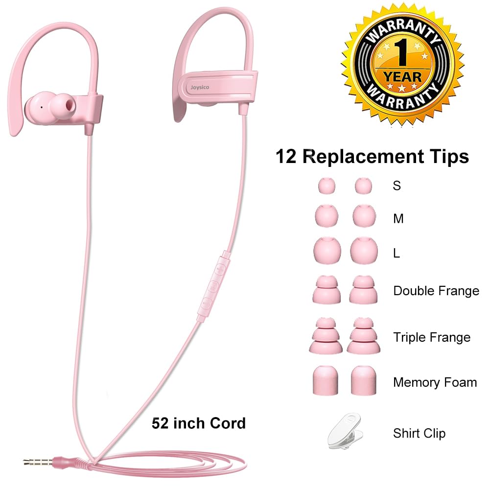 Joysico Auricolari over ear cablati con microfono e controllo del volume, gancio e custodia, auricolari sportivi a prova di sudore per corsa, esercizio, palestra, allenamento, cuffie avvolgenti per