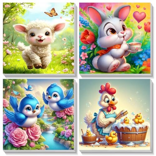 Bowetile 4 Pack Pascua Animales Pintar por Numeros Adultos Niños Principiantes con Marco, Paisaje Kit DIY Cuadros para Pintar por Numeros, Pintura Acrilica Manualidades Adultos 20X20 cm ⭐