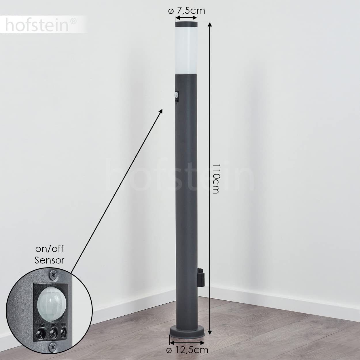Lampa zewnętrzna Sessa z czujnikiem ruchu i gniazdem, lampa na podstawie z metalu/plastiku w kolorze antracytowym/białym, oświetlenie ścieżki 110cm, lampa ogrodowa E27, IP44, bez żarówki