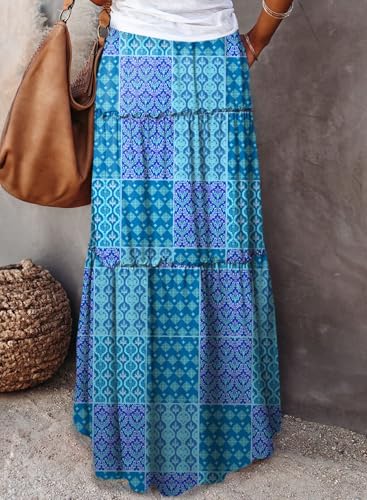 Image of Happy Sailed Womens Floral Print Boho Maxi Skirt Elastic High Waist Pleated Ruffle Flowy Long Skirts S-XL