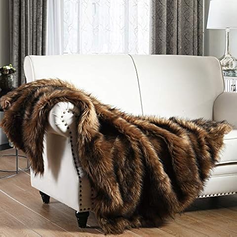 Luxury Plush Faux Fur Throw Blanket, Long Pile Brown with Black Tipped Blanket, Super Warm, Fuzzy, Elegant, Fluffy Decoration Blanket Scarf for Sofa, Armchair, Couch and Bed, 50''x 60'' Cover