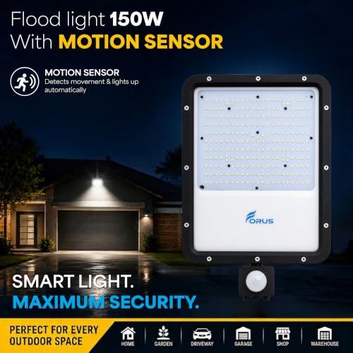 Image of Forus 150W LED Flood Light Daylight White with Motion Sensor Auto On Off Day Night Mode Waterproof Outdoor Security Lighting for Garden Parking Garage Shop High Bright Floodlight 4Yr Warranty-1Pc
