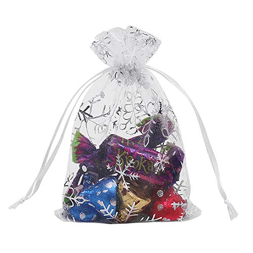 Image of HRX Package 100pcs Snowflake Organza Gift Bags Christmas 4x6 inch, Small White Mesh Jewelry Pouches Little Drawstring Candy Bags
