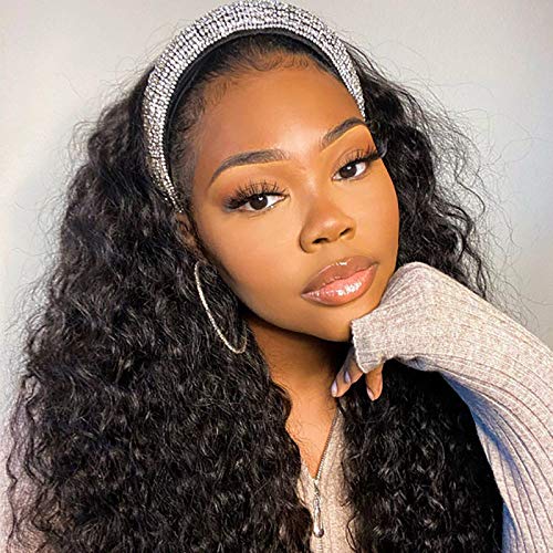 Aliglossy Headband Wig Human Hair Natural Wave Glueless Brazilian Virgin Real Human Hair None Lace Front Wigs for Black Women Machine Made Wigs 16 inch
