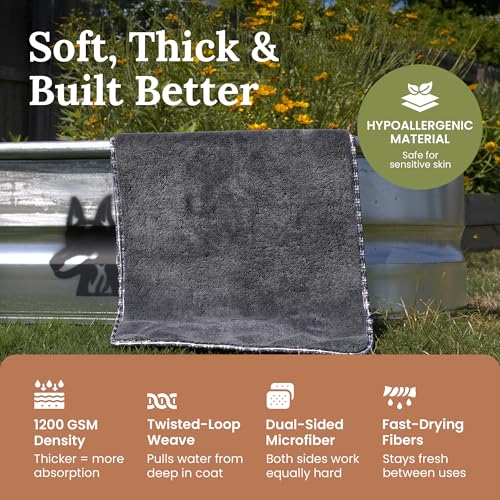 Image of Premium Twisted Loop Drying Towels for Drying Dogs Small 16 inch x 24 inch Super Absorbent Microfiber Dog Bath Towel - Quick Dry, Soft - 1200 GSM Gray for Pets, Beach, Camping & Travel