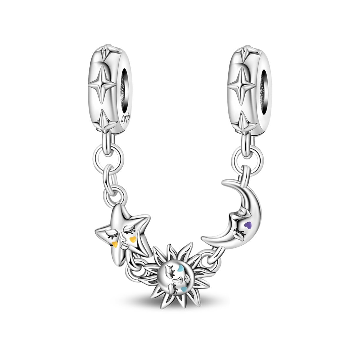 Sun & Moon Star Safety Chain Charms, Charms for Bracelets, Fits Pandora Bracelets, Gift Box Packaging