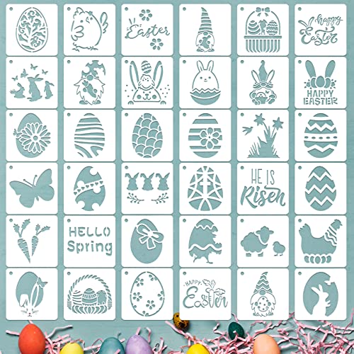 Konsait 36 Pcs Easter Stencils For Painting On Wood, Reusable Easter Templates Chicks Eggs Rabbit Carrot Happy Easter For Easter Party Decorations, Plastic Spring Stencils For Art Crafts