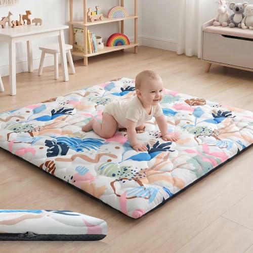Image of 1.6 inch Thick Baby Play Mat, 50x50 Removable & Machine Washable Cover | Padded Memory Foam, Non-Slip Backing, 100% Baby-Safe Materials, Tummy Time Crawling, Outdoor, Bedroom, Living Room, Nursery