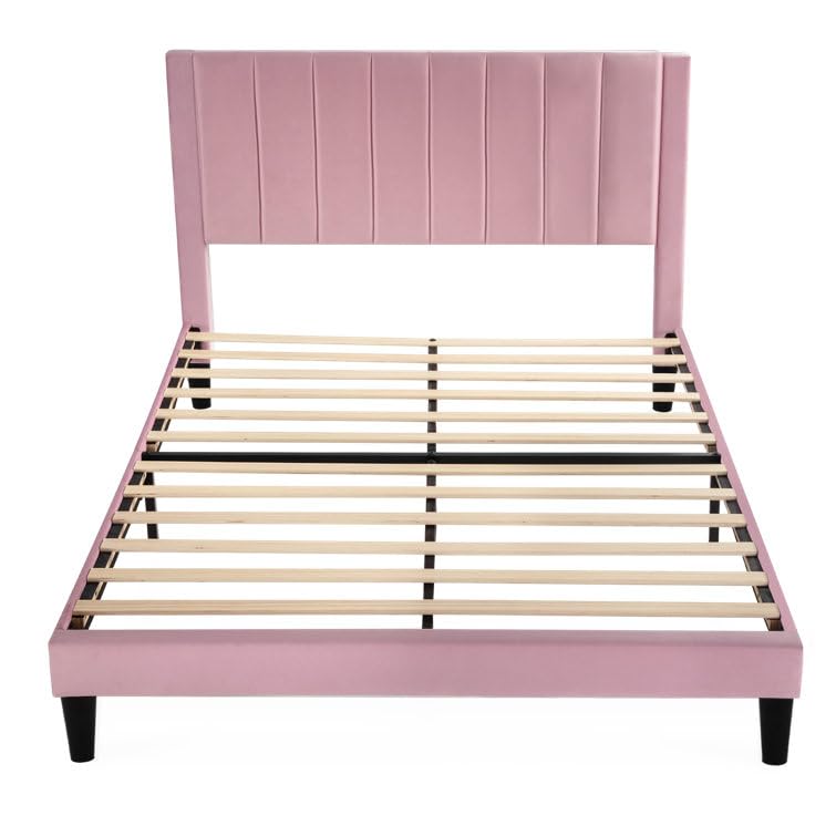 Image of HITHOS Modern Upholstered Queen Size Bed with Wingback Headboard | Wooden Double Bed Cot Palang Without Storage for Living Room Bedroom Home (Pink) 1 Year Warranty