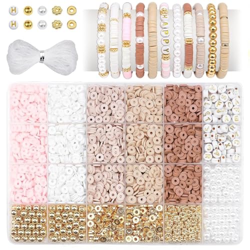 pekifaves Perlen für Armbänder set, 6mm Heishi Clay Perlen Set, Bunte Clay Beads zum Auffädeln Kit, für Schmuckherstellung, Freundschaftsarmband Selber Machen, Rosa Weiß Braun