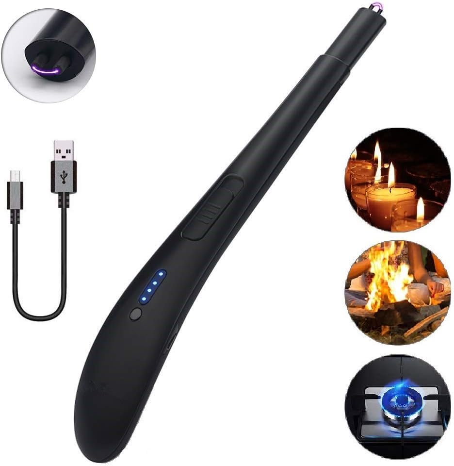 Electric Arc Lighter, BBQ Grill Lighter Candle Lighter USB Rechargeable Flameless Electronic Lighters, Flameless and Windproof for Candles Camping Stovetops,Black