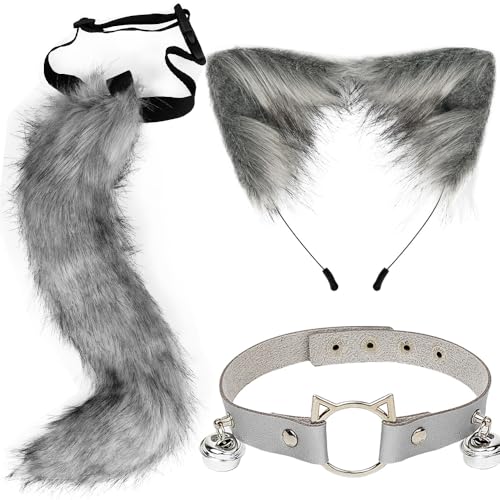 ZDQC Kunstpelz Fuchsschwanz,Katze Flauschiger Schwanz und Leder Halskette Set,Flauschige Katzenohren,Flauschige Fuchs Accessoire,Halloween Party...