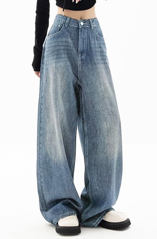 EMMIOL Mid-Low Rise Baggy Jeans for Women, Straight Leg Vintage Boyfriend Jeans with Distressed Details