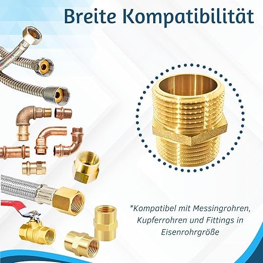 Produktbild von Messing-Doppelnippel 3/4 Zoll (4 Stück) + PTFE-Band – Außengewinde, Sechskant, Für Heizung & Sanitär