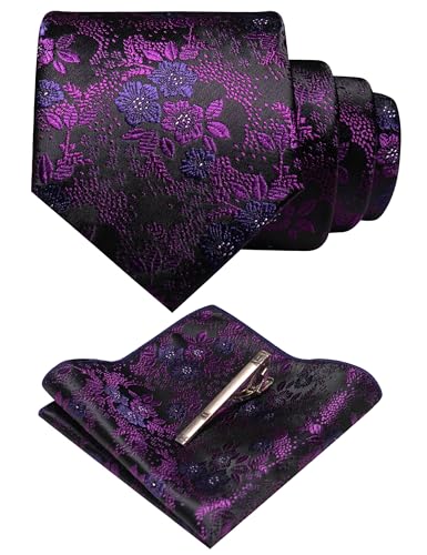 JEMYGINS Silk Purple Floral Tie Necktie and Pocket Square Hankerchief and Tie Bar Clip Sets for Men(43)