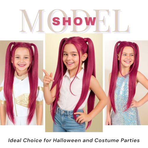 Image of morvally 27.6 Inches Long Red Wig with 2 Ponytails - Anime Cosplay Wigs for Halloween Costume Party (Red, Small Head)