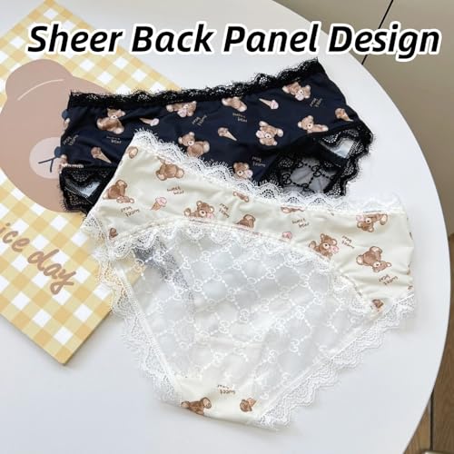 Cute Bear-printed Panties for Teen Girls Age 14-18,Lace Frilly Trim Underwear,Mid Rise Waist,Cotton Crotch,2 Pack4