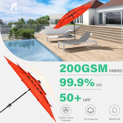 Image of JEAREY 3 Tiers Patio Umbrella with Solar Lights 9ft Outdoor Market Table Umbrellas with Push Button Tilt for Outside Pool Garden, Orange