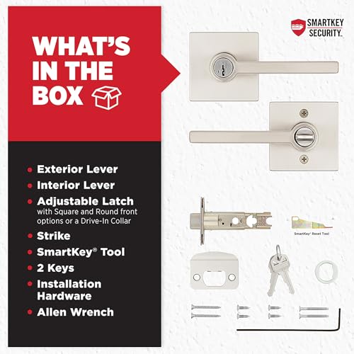 Image of Kwikset Halifax Entry Door Handle with Lock and Key, Secure Keyed Reversible Lever Exterior, For Front Entrance and Bedrooms, Satin Nickel, Pick Resistant Smartkey Rekey Security and Microban