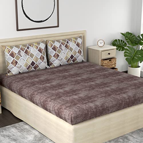 Image of Huesland 210 TC Pure Cotton Premium Bedsheet for Double Bed King Size with 2 Pillow Covers | 108x108 inch | Brown, Beige & Taupe