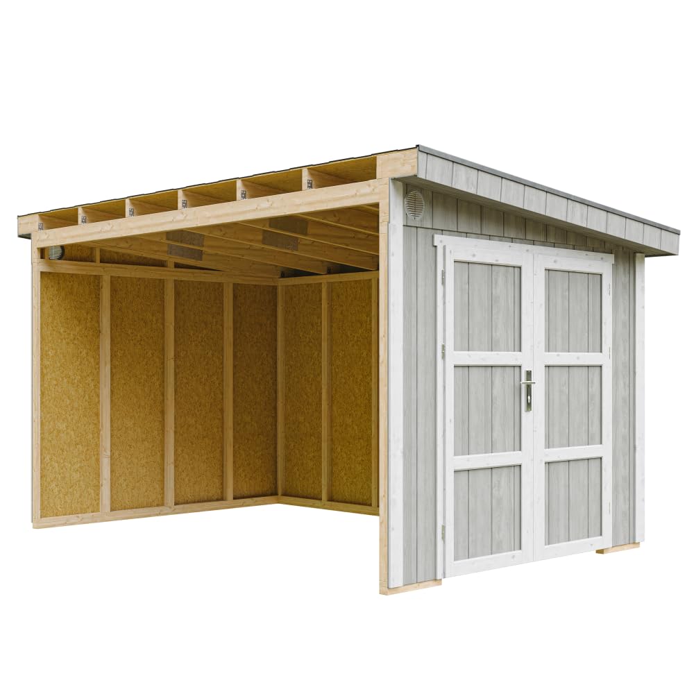 Casetta da giardino di qualità premium 8,68 m² - H231x248x412 cm - Costruzione in pannelli LP Smartside - Senza pavimento e parete laterale - Timbela M939B-TUNDRA GREY