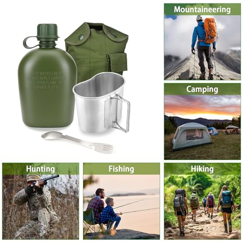 ShenDu Military Canteen, WWII US GI Style 1 Quart Water Bottle Kit with Aluminum Canteen Cup, Stainless Steel Spork & Cover for Camping, Hiking, Backpacking (Green)