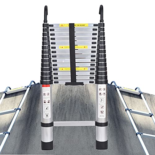 14.5Ft Extension Ladder With 2 Detachable Hooks, Aluminum Telescoping Folding Ladder 15 Steps Portable Home Ladder, 330Lbs Load En131 Certificated Anti-Slip Multi-Purpose Extendable Ladder #TOP9