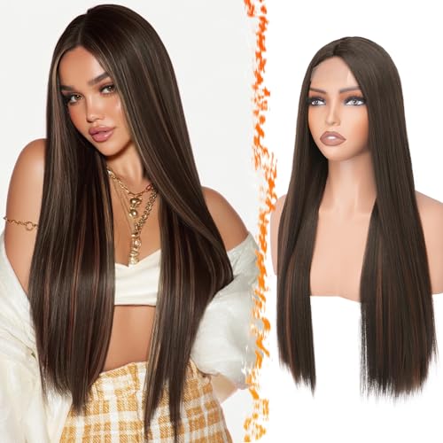 BARSDAR Larga Liso Peluca Marrón Auburn Highlights, 71cm Larga Liso Partición Media Peluca para Mujeres Aspecto Natural Sintético Pelucas de Pelo Diaria Fiestas Cosplay Pelucas de Cabello
