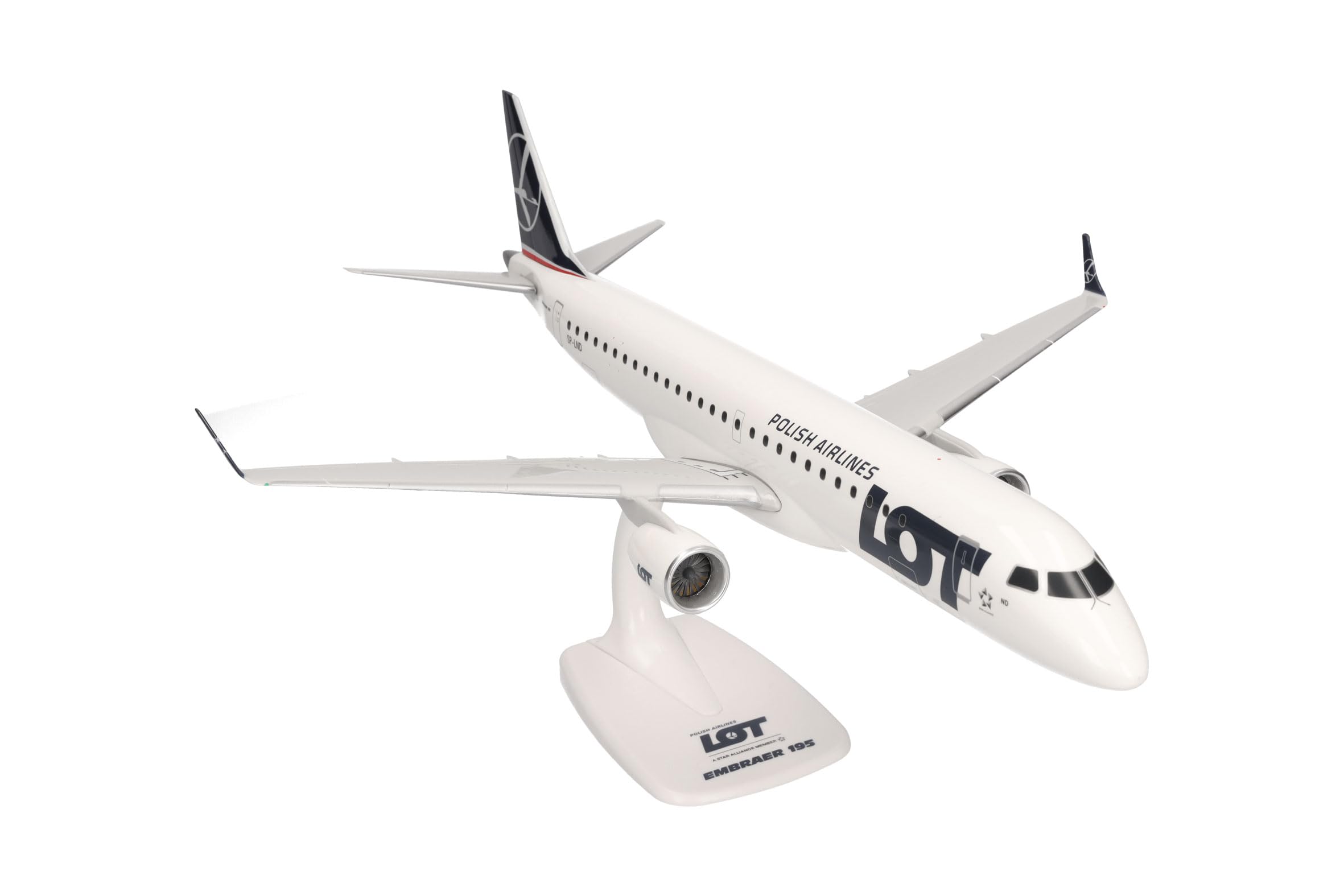 Herpa Snap-Fit Modellino di aereo LOT Polish Airlines Embraer E195 - SP-LND, miniatura in scala 1:100, pezzo da collezione, modello con base, plastica